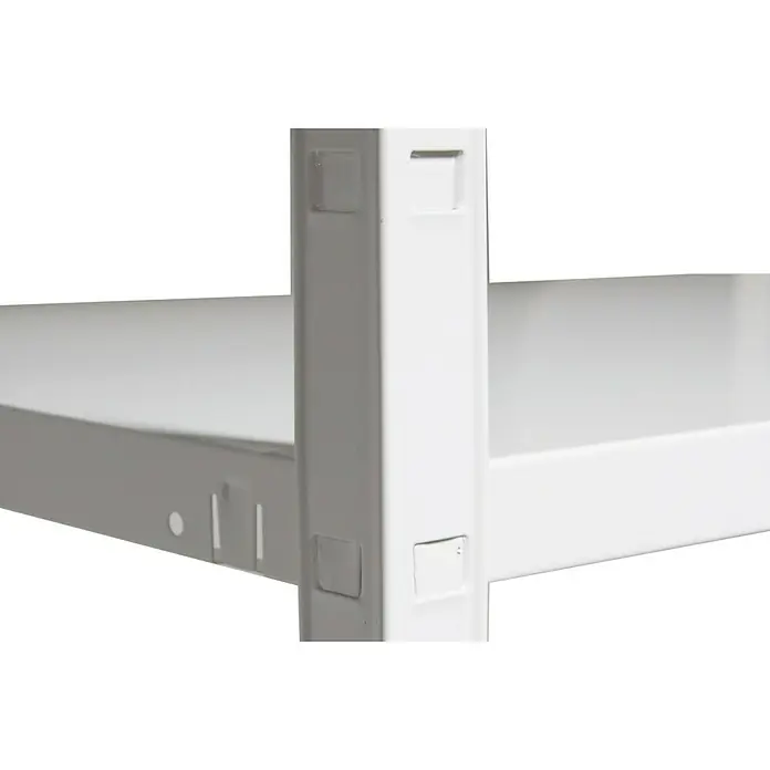 Schulte Metallregal Power Max - H x B x T: 190 x 100 x 40 cm, Traglast pro Boden: 65 kg, Anzahl Böden: 5 Stk., Stecken, Schnee Weiß - Nahaufnahme eines weißen Metallregals mit quadratischen Öffnungen zur einfachen Montage. Das Regal ist stabil und funktional.