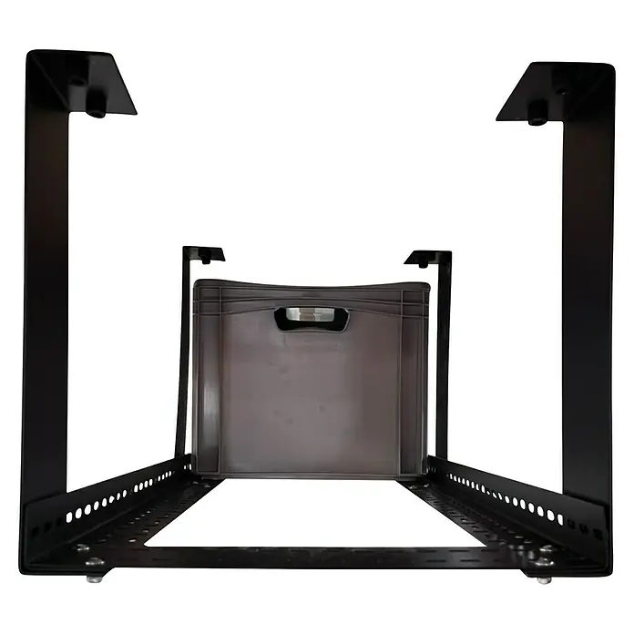 Schulte Regal Deckenregal Vario - L x B x H: 60 x 40 x 32 cm, 2 Stk., Schwarz - Aufnahme eines schwarzen Regals mit einer grau-braunen Kunststoffbox darin. Das Rack bietet viel Stauraum für Büros und andere Arbeitsbereiche.