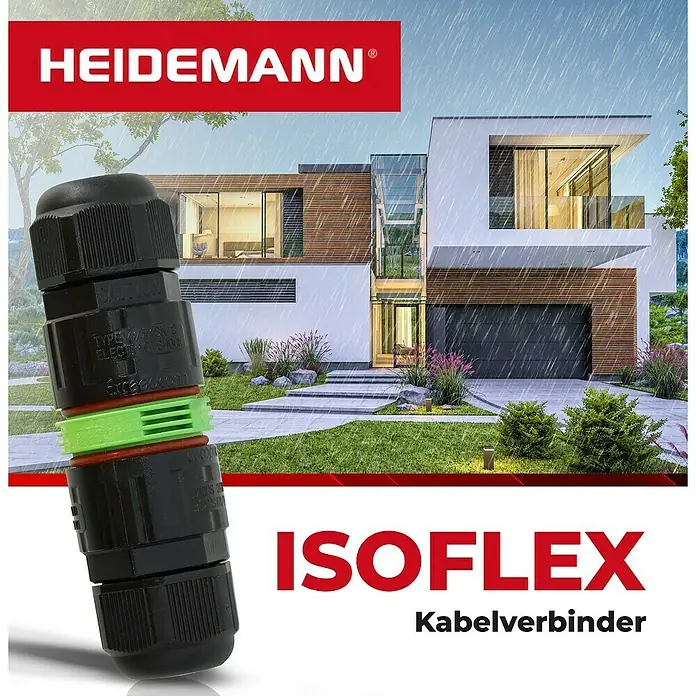 Heidemann Iso Flex Kabelverbinder 3-polig - 1 Stk., IP68 - Das Bild zeigt eine ISOFLEX Kabelverbinder vor einem modernen Haus bei Regen, hervorgehoben durch das HEIDEMANN Logo.
