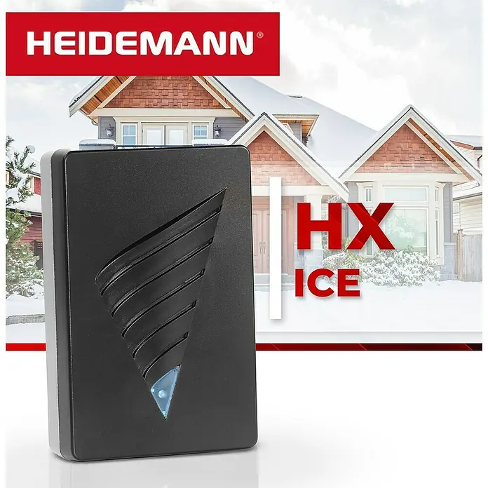 Heidemann Funkempfänger HX Ice - 107 x 107 x 33 mm, 88 dB, Schwarz - Produktabbildung des Heidemann HX ICE Funkgong in Schwarz mit blauem Licht, ideal für Hausbesitzer.