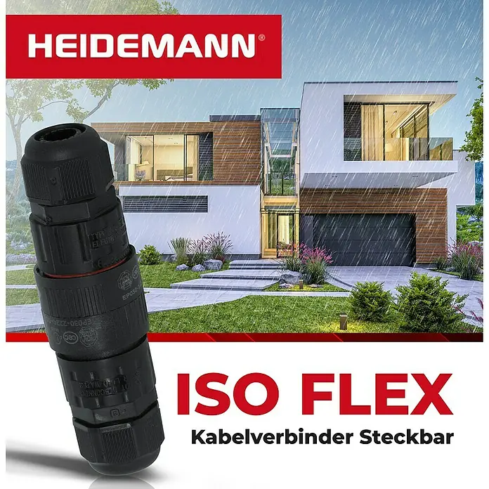 Heidemann Iso Flex Kabelverbinder steckbar 3-polig - 1 Stk., IP68 - Abbildung eines schwarzen HEIDEMANN ISO FLEX Kabelverbinders Steckbar, der eine zuverlässige und flexible Verbindungslösung bietet.