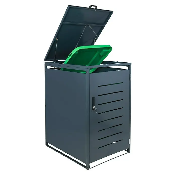 Schulte Mülltonnenbox Premium - Geeignet für Anzahl Mülltonnen: 1 Stk., Anthrazit - Graue Mülltonnenbox mit offenem Deckel und einem grünen Behälter im Inneren. Praktische Aufbewahrung für den Außenbereich.