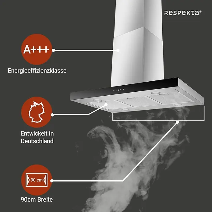 Respekta Inselhaube Cara - Breite: 89,5 cm, Max. Gebläseleistung Abluftbetrieb: 552,2 m³/h, Edelstahl - Das Bild zeigt eine Dunstabzugshaube mit Energieeffizienzklasse A+++, entwickelt in Deutschland und mit einer Breite von 90 cm.