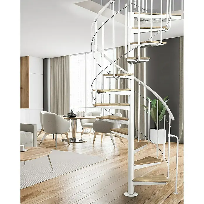 Atrium Spindeltreppe Solo Vertical - Farbton Metall: RAL 9003, Durchmesser: 120 cm, Stahl, Buche, Geschosshöhe: 264 cm - 286 cm - Elegante Wendeltreppe mit Holzstufen und weißem Geländer fügt sich nahtlos in das moderne Wohnambiente ein. Ein echter Hingucker!