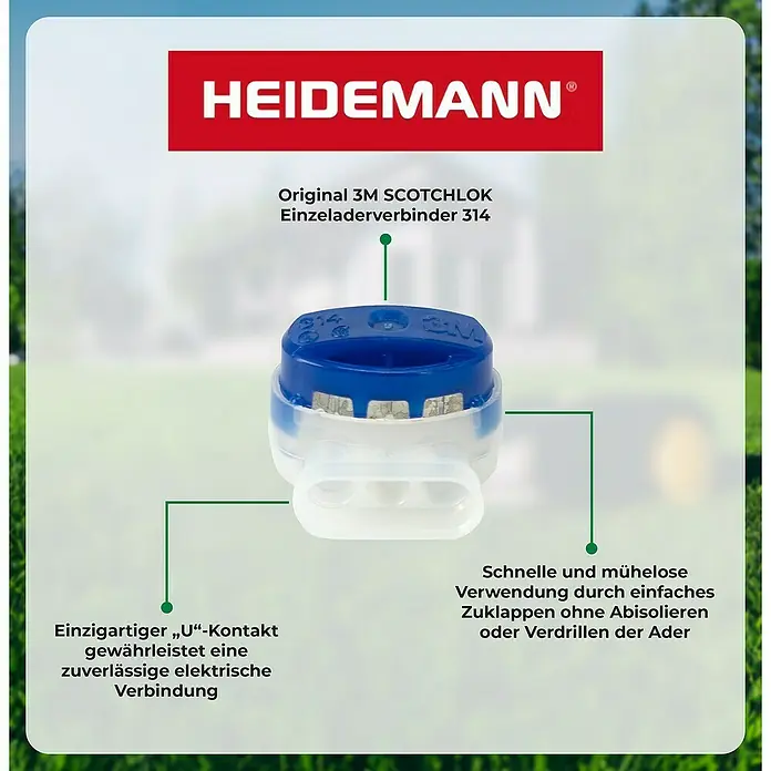 Heidemann Iso Flex Kabelverbinder Einzeladerverbindung 3M Scotchlock 314 3-polig 0,5-1,5 mm² - 5 Stk. - Anzeige für HEIDEMANN Original 3M SCOTCHLOK Einzeladerverbinder 314, der eine schnelle, mühelose und zuverlässige elektrische Verbindung ermöglicht.