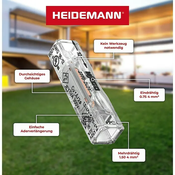 Heidemann Iso Flex Reparatur-Set mit 6 WAGO Durchgangsverbinder, 3 Schrumpfschläuchen - 9 -tlg. - Nahaufnahme einer durchsichtigen HEIDEMANN-Klemme mit Beschriftungen zur einfachen Aderverlängerung und verschiedenen Drahtstärken.
