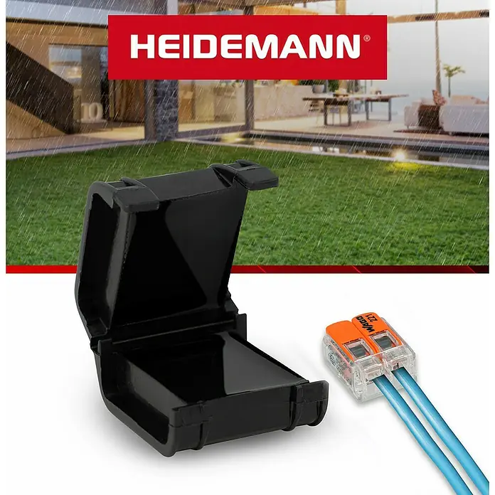 Heidemann Iso Flex Gelmuffe mit 2 Verbindungsklemmen - Schwarz, 1 Stk., IPX8 - Abbildung einer schwarzen HEIDEMANN® Anschlussdose mit WAGO® Klemmen für sichere elektrische Verbindungen im Aussenbereich.
