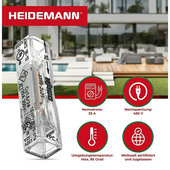 Heidemann Iso Flex Reparatur-Set mit 6 WAGO Durchgangsverbinder, 3 Schrumpfschläuchen - 9 -tlg. - Nahaufnahme eines Heidemann-WAGO-Verbindungsstücks mit technischen Daten und Symbolen vor einem modernen Haus.