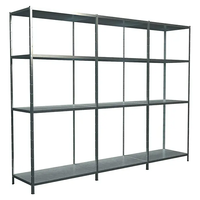 Schulte Metallregal Power Max - H x B x T: 190 x 300 x 50 cm, Traglast pro Boden: 65 kg, Anzahl Böden: 12 Stk., Stecken, Silber - Das Bild zeigt ein robustes, modulares Metallregal mit mehreren Ebenen, ideal für Lagerung und Organisation in verschiedenen Umgebungen.