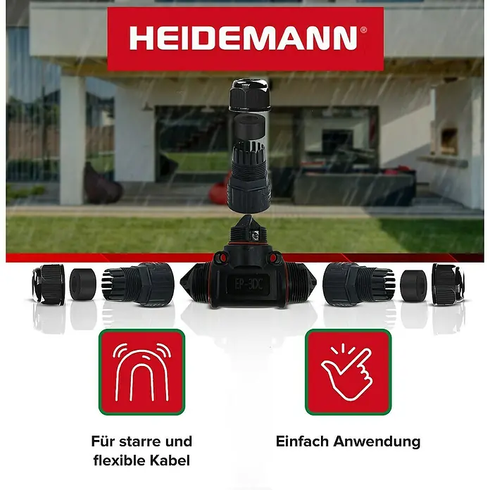 Heidemann Iso Flex Kabelverbinder T-Stück 3-polig mit Kupplungsstecker - 1 Stk., IP68 - HEIDEMANN® EP-3DC Kabelverbinder für starre und flexible Kabel, einfache Anwendung. Wasserdichte Verbindung für den Außenbereich.