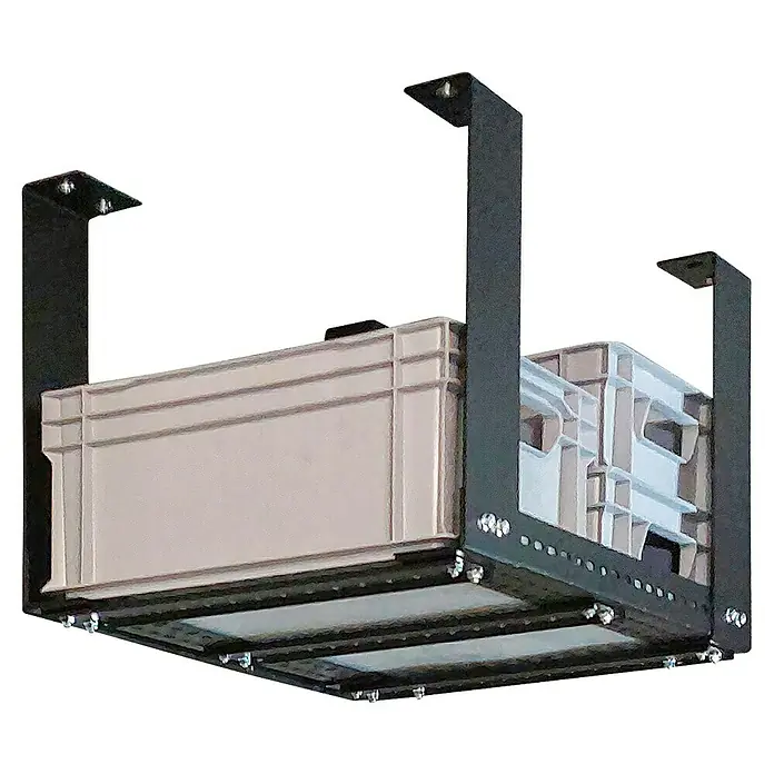Schulte Regal Deckenregal Vario - L x B x H: 60 x 40 x 32 cm, Schwarz - Aufbewahrungslösung mit robustem Metallregal und praktischen Kunststoffboxen zur sicheren Lagerung von Gegenständen.