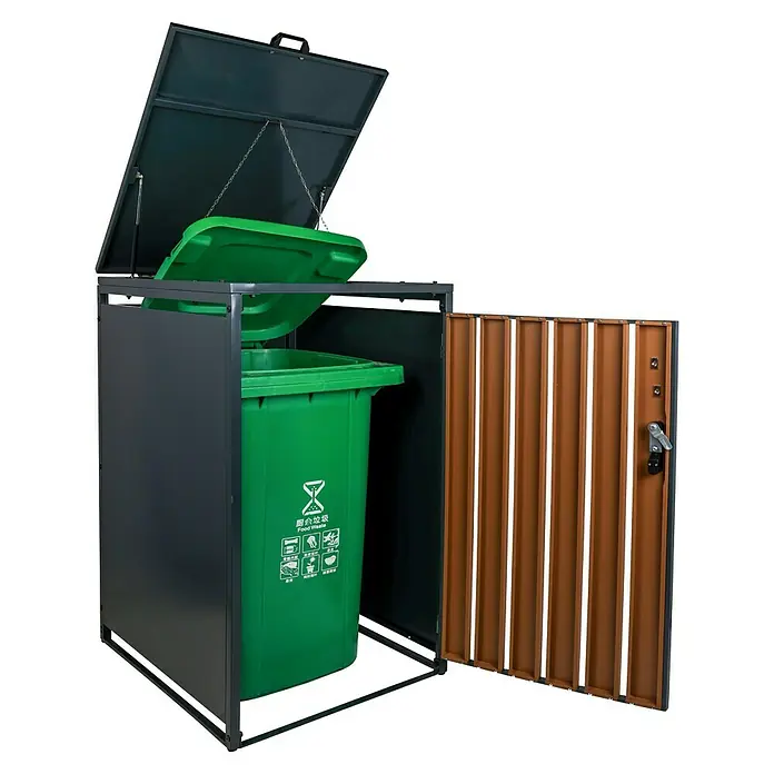Schulte Mülltonnenbox Premium - Geeignet für Anzahl Mülltonnen: 1 Stk., Holzoptik/Anthrazit - Mülltonnenbox mit grünem Abfalleimer und abschließbarer Holztür für den Außenbereich zur stilvollen Müllentsorgung im Garten.