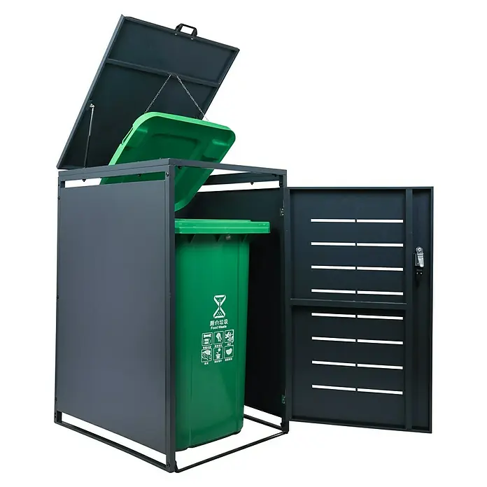 Schulte Mülltonnenbox Premium - Geeignet für Anzahl Mülltonnen: 1 Stk., Anthrazit - Bild eines anthrazitfarbenen Mülltonnenbox mit einer grünen Tonne für Bioabfälle und einem Klappdeckel.