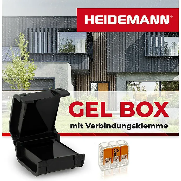 Heidemann Iso Flex Gelmuffe mit Verbindungsklemme - Schwarz, 1 Stk., IPX8 - Produktbild einer Heidemann Gel Box mit Verbindungsklemme, ideal für sichere und wasserdichte Elektroinstallationen im Außenbereich.