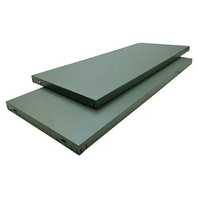 Schulte Metallregal Power Max - H x B x T: 190 x 100 x 40 cm, Traglast pro Boden: 65 kg, Anzahl Böden: 5 Stk., Stecken, Grau-Grün - Zwei olivgrüne Metallregale, gestapelt und bereit zur Montage. Ideal für Werkstatt, Lager oder Hobbyraum mit robustem Design.