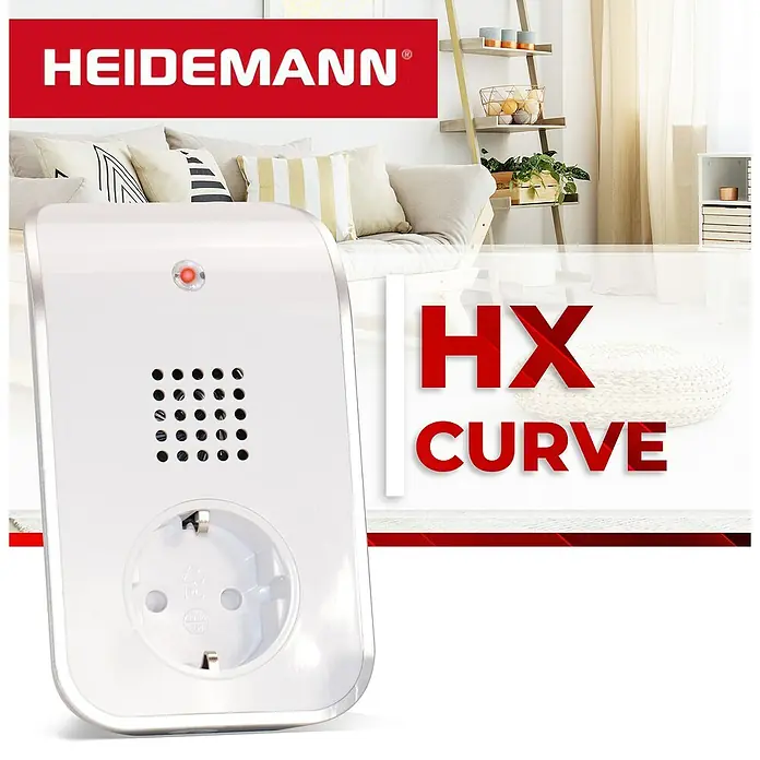Heidemann Funkempfänger HX Curve - Weiß - Abbildung eines HEIDEMANN® HX Curve Smart Home Zwischensteckers mit integriertem Schalter und Überlastschutz für smarte Haustechnik.