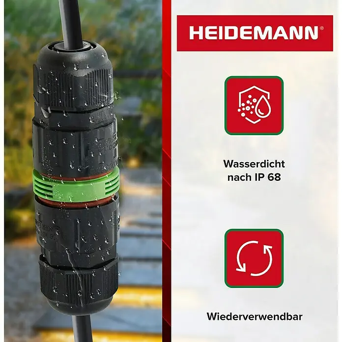 Heidemann Iso Flex Kabelverbinder 3-polig - 1 Stk., IP68 - Nahaufnahme eines wasserdichten HEIDEMANN Kabelverbinders mit grünen Akzenten, der Robustheit und Wiederverwendbarkeit verspricht.