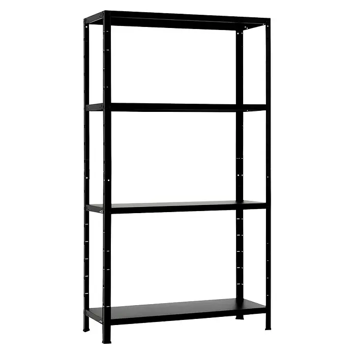 Schulte Metallregal Power Max - H x B x T: 190 x 100 x 40 cm, Traglast pro Boden: 65 kg, Anzahl Böden: 4 Stk., Stecken, Schwarz - Abbildung eines leeren, schwarzen Metallregals mit vier Ablageflächen, das für Lagerzwecke oder die Organisation von Gegenständen konzipiert ist.