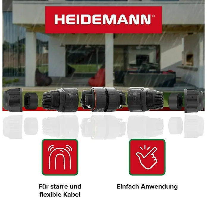 Heidemann Iso Flex Kabelverbinder steckbar 3-polig - 1 Stk., IP68 - Produktbild einer HEIDEMANN® Kabelverschraubung, geeignet für starre und flexible Kabel, einfache Anwendung.