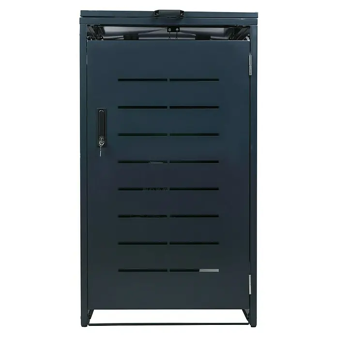 Schulte Mülltonnenbox Premium - Geeignet für Anzahl Mülltonnen: 1 Stk., Anthrazit - Metallschrank mit Griff und Schloss. Der Schrank hat horizontale Schlitze und ist in einem dunklen Farbton gehalten.