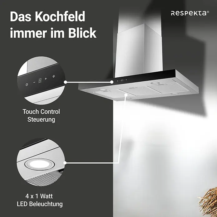 Respekta Inselhaube Cara - Breite: 89,5 cm, Max. Gebläseleistung Abluftbetrieb: 552,2 m³/h, Edelstahl - Respekta Dunstabzugshaube mit Touch Control Steuerung und LED Beleuchtung für einen klaren Blick auf das Kochfeld.