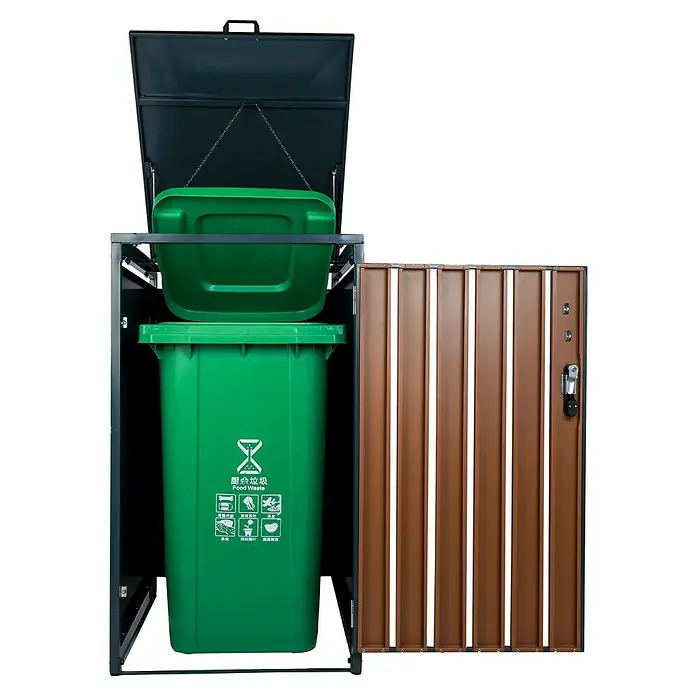 Schulte Mülltonnenbox Premium - Geeignet für Anzahl Mülltonnen: 1 Stk., Holzoptik/Anthrazit - Graue Mülltonnenbox mit einer grünen Mülltonne und braunen Lamellentüren für den Außenbereich zur stilvollen Müllentsorgung.