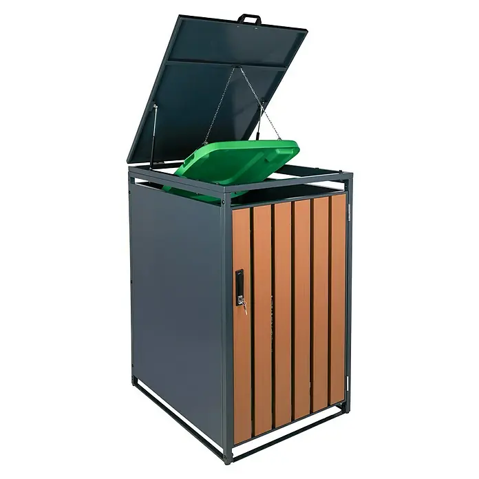 Schulte Mülltonnenbox Premium - Geeignet für Anzahl Mülltonnen: 1 Stk., Holzoptik/Anthrazit - Mülltonnenbox mit geöffnetem Deckel, grauem Rahmen und braunen Holzpaneelen. Abschließbare Tür für einfachen Zugriff.