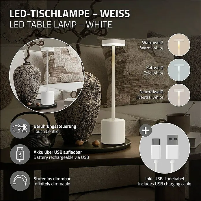 ML-Design LED-Tischleuchte rund Nachttischlampe Weiß 3 Lichtfarben Tragbare Metall Led Lampe - Weiß, Weiß