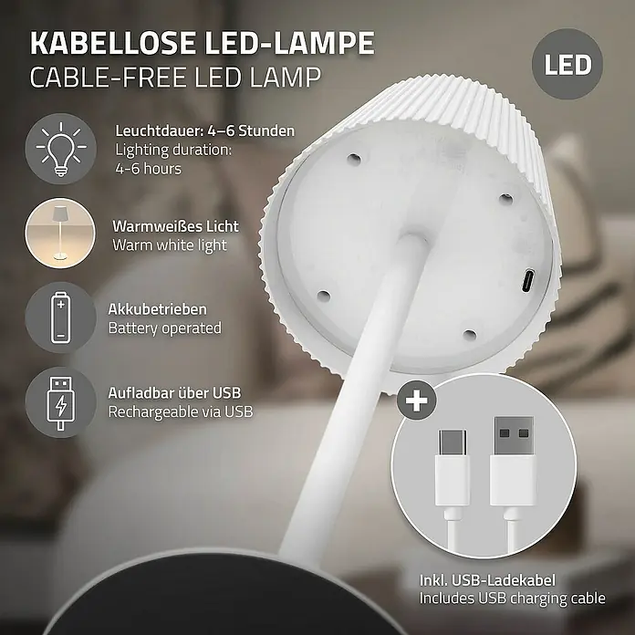 ML-Design LED-Tischleuchte rund Nachttischlampe Weiß 4 Stufen Tragbare Metall LED Lampe - Weiß, Weiß