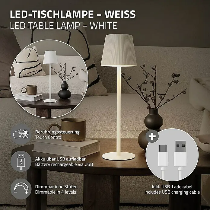 ML-Design LED-Tischleuchte rund Nachttischlampe Weiß 4 Stufen Tragbare Metall LED Lampe - Weiß, Weiß