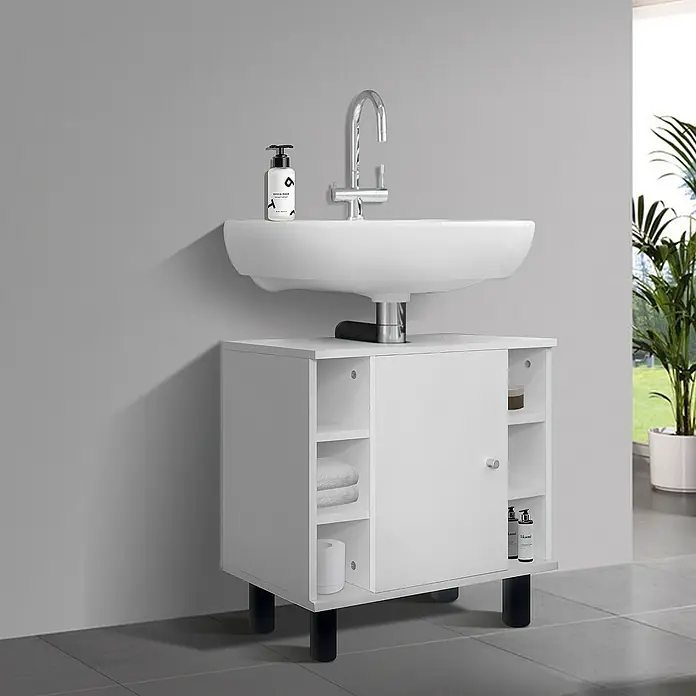ML-Design Badmöbel-Set Badezimmerschrank mit Tür und 6 Ablagen Badschrank Waschtisch - Weiß