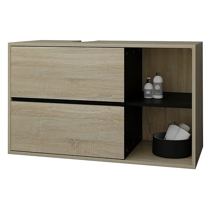ML-Design Badmöbel-Set Badezimmerschrank mit 2 Schubladen Ablage Badschrank hängend - Braun, Schwarz