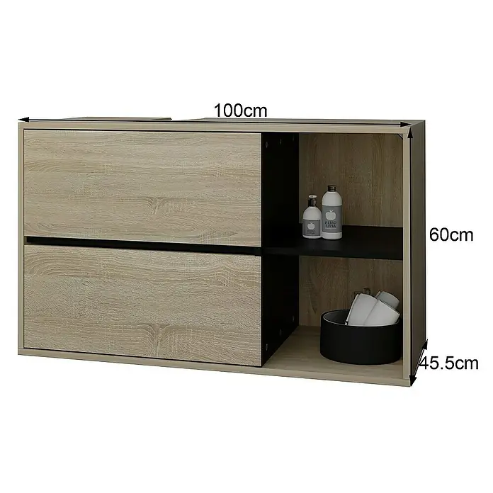 ML-Design Badmöbel-Set Badezimmerschrank mit 2 Schubladen Ablage Badschrank hängend - Braun, Schwarz