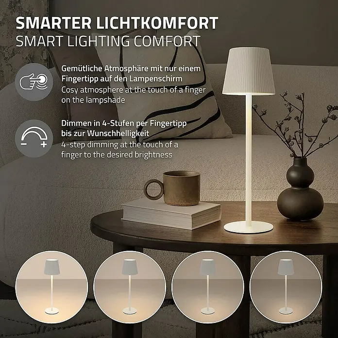 ML-Design LED-Tischleuchte rund Nachttischlampe Weiß 4 Stufen Tragbare Metall LED Lampe - Weiß, Weiß