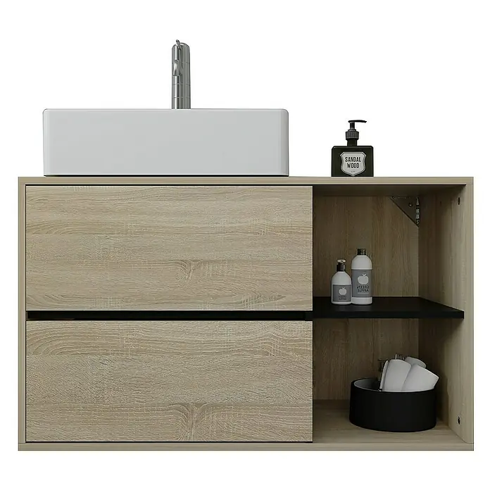 ML-Design Badmöbel-Set Badezimmerschrank mit 2 Schubladen Ablage Badschrank hängend - Braun, Schwarz