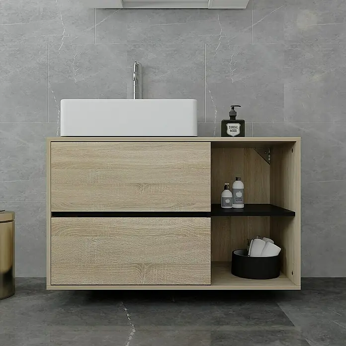 ML-Design Badmöbel-Set Badezimmerschrank mit 2 Schubladen Ablage Badschrank hängend - Braun, Schwarz