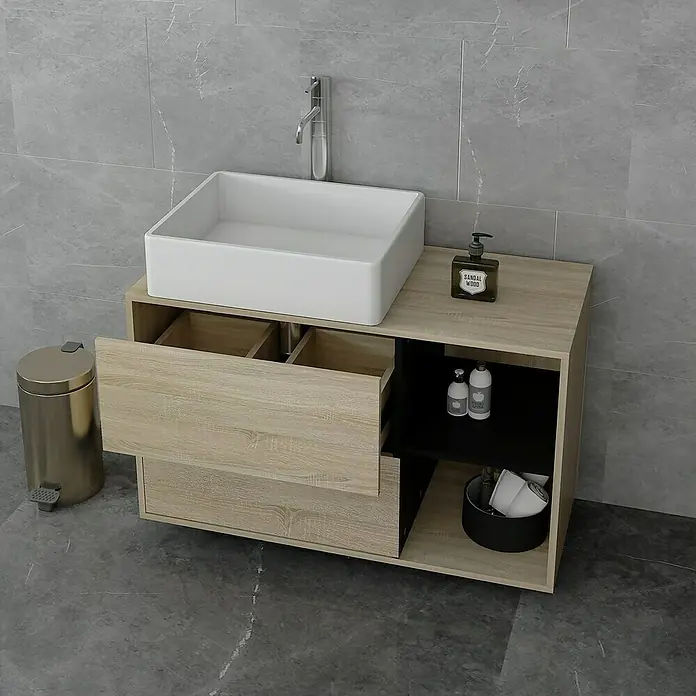 ML-Design Badmöbel-Set Badezimmerschrank mit 2 Schubladen Ablage Badschrank hängend - Braun, Schwarz