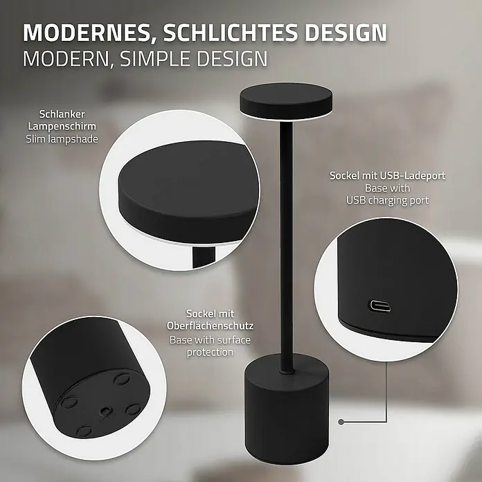 ML-Design LED-Tischleuchte rund Nachttischlampe Schwarz 3 Lichtfarben Tragbare Metall Led Lampe - Schwarz, Schwarz