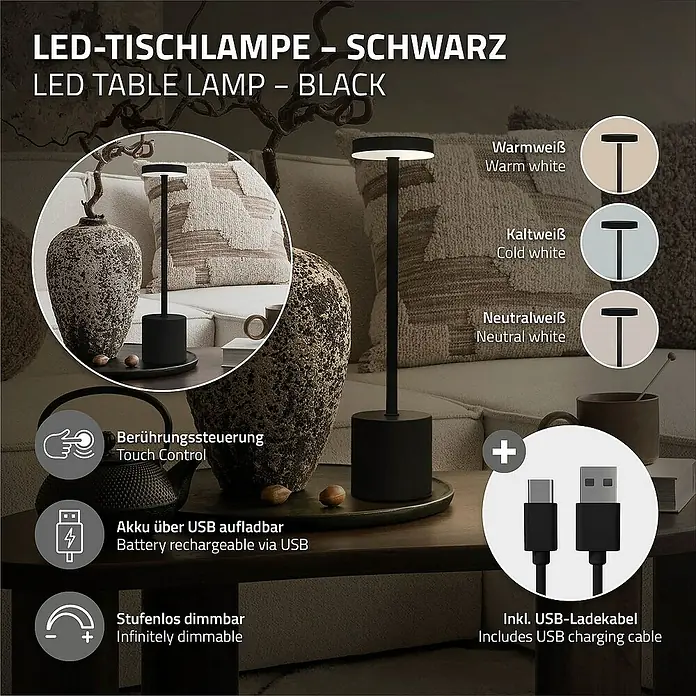 ML-Design LED-Tischleuchte rund Nachttischlampe Schwarz 3 Lichtfarben Tragbare Metall Led Lampe - Schwarz, Schwarz