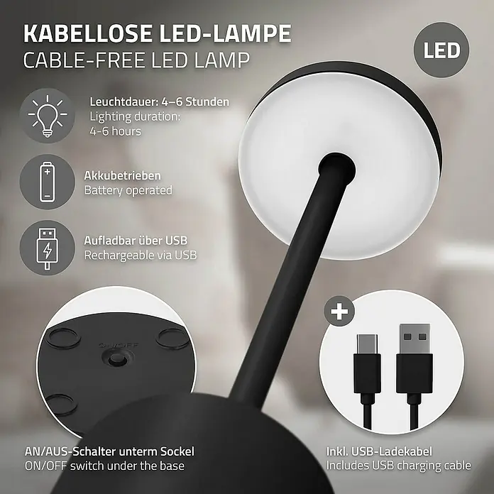 ML-Design LED-Tischleuchte rund Nachttischlampe Schwarz 3 Lichtfarben Tragbare Metall Led Lampe - Schwarz, Schwarz
