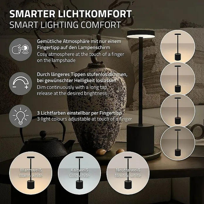 ML-Design LED-Tischleuchte rund Nachttischlampe Schwarz 3 Lichtfarben Tragbare Metall Led Lampe - Schwarz, Schwarz
