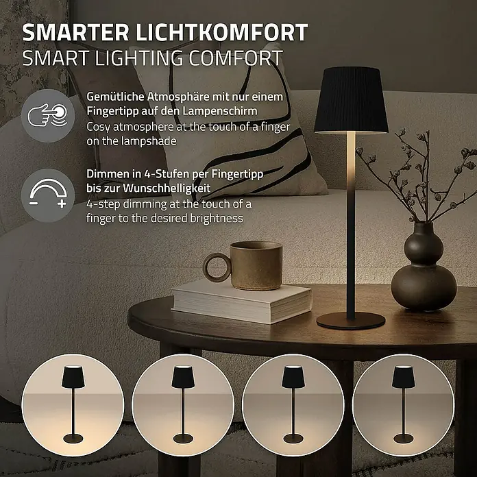 ML-Design LED-Tischleuchte rund Nachttischlampe Schwarz 4 Stufen Tragbare Metall LED Lampe - Schwarz, Schwarz