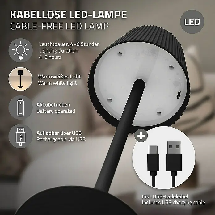 ML-Design LED-Tischleuchte rund Nachttischlampe Schwarz 4 Stufen Tragbare Metall LED Lampe - Schwarz, Schwarz