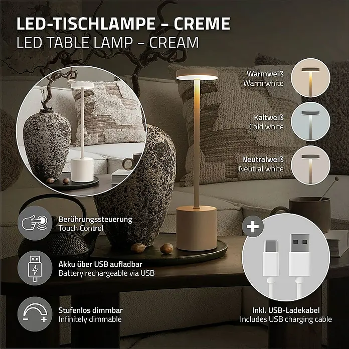 ML-Design LED-Tischleuchte rund Nachttischlampe Creme 3 Lichtfarben Tragbare Metall Led Lampe - Creme, Creme