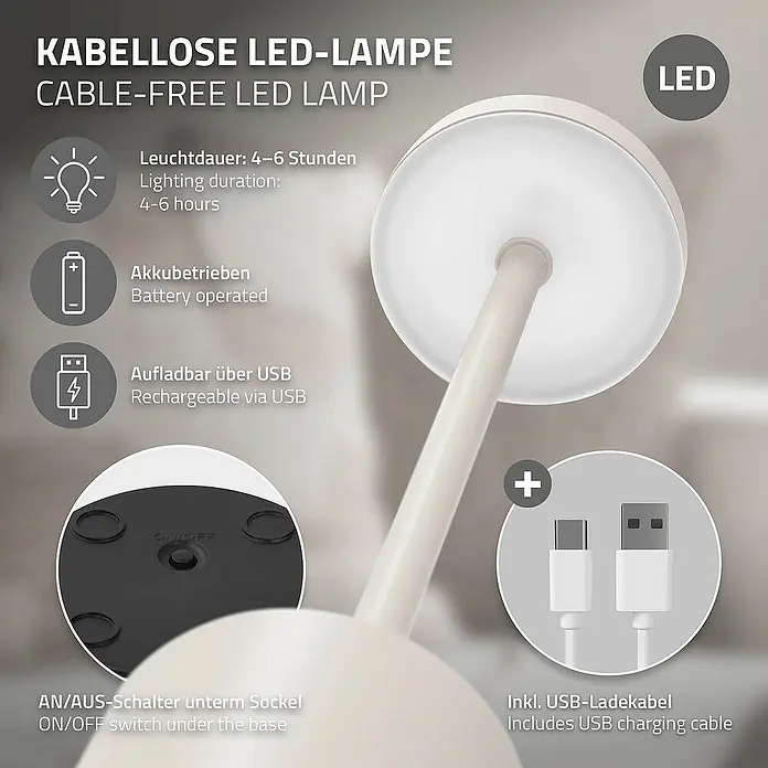 ML-Design LED-Tischleuchte rund Nachttischlampe Creme 3 Lichtfarben Tragbare Metall Led Lampe - Creme, Creme