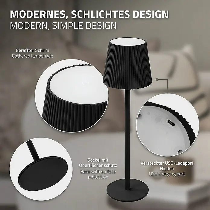 ML-Design LED-Tischleuchte rund Nachttischlampe Schwarz 4 Stufen Tragbare Metall LED Lampe - Schwarz, Schwarz