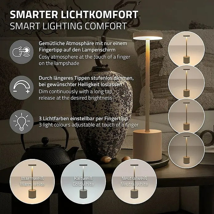 ML-Design LED-Tischleuchte rund Nachttischlampe Creme 3 Lichtfarben Tragbare Metall Led Lampe - Creme, Creme