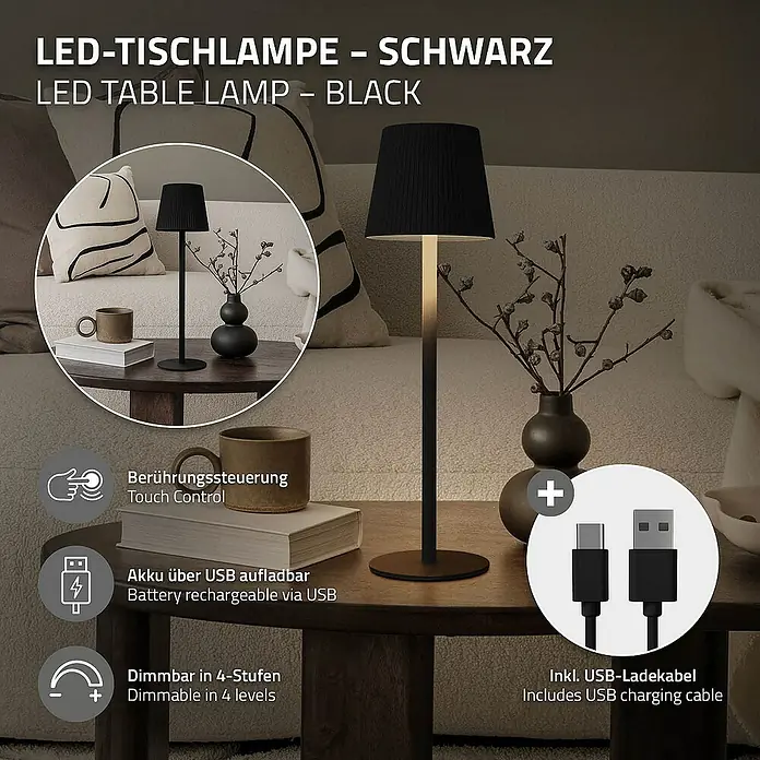 ML-Design LED-Tischleuchte rund Nachttischlampe Schwarz 4 Stufen Tragbare Metall LED Lampe - Schwarz, Schwarz