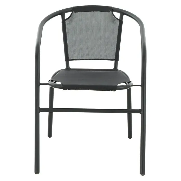 Sunfun Stapelstuhl - B x T x H: 52,5 x 62 x 72,5 cm, Stahl, Textilene, Schwarz - Frontansicht eines stilvollen Stuhls mit grauem Gestell und Netzstoffbespannung für Sitz- und Rückenlehne. Ideal für modernen Komfort.