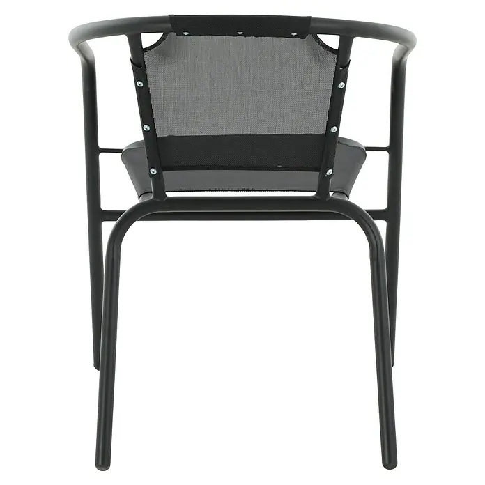 Sunfun Stapelstuhl - B x T x H: 52,5 x 62 x 72,5 cm, Stahl, Textilene, Schwarz - Rückenansicht eines schwarzen Stuhls mit Netzbespannung und Metallgestell. Das Design ist minimalistisch und modern.